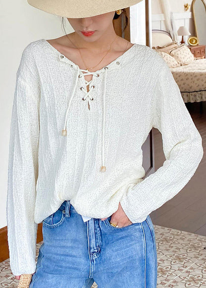 Beige Lace Up Thin Knit Top Spring
