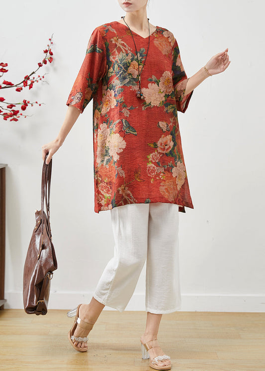 Red Oversized Print Linen Two-piece Set Summer
