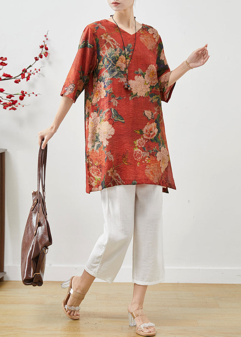 Red Oversized Print Linen Two-piece Set Summer
