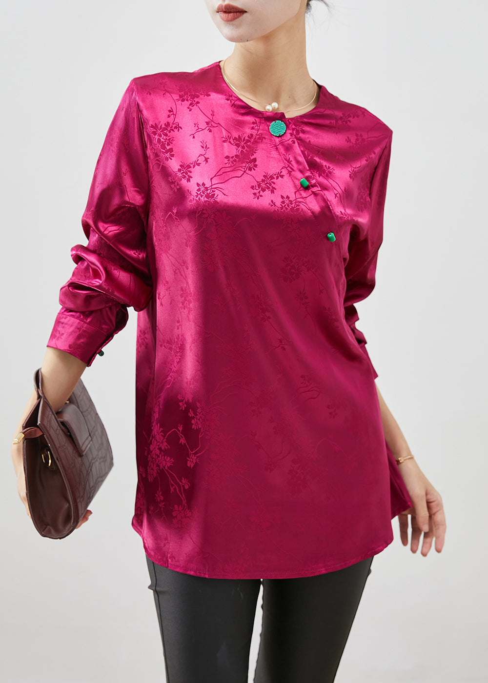 Rose Jacquard Slim Fit Silk Shirt Top Fall