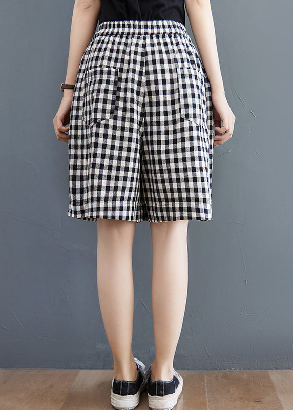 Stylish Black White Plaid Elastic Waist Pocket Hot Pants Summer
