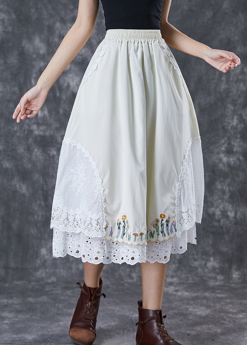 Handmade Beige Embroideried Patchwork Cotton Skirt Fall