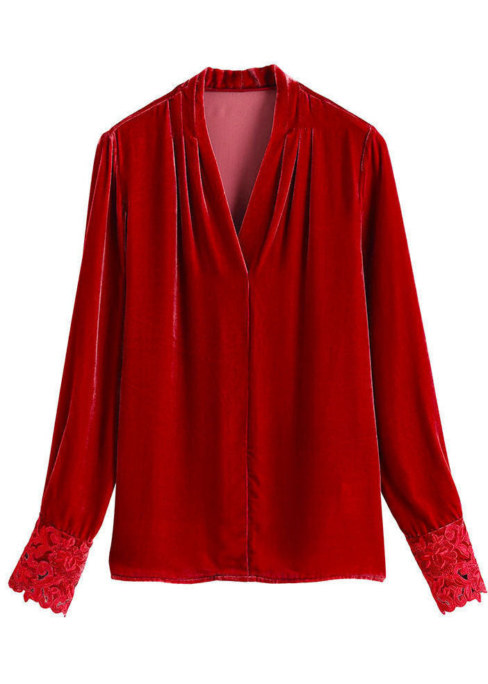 Red V Neck Patchwork Silk Velour Shirt Tops Long Sleeve