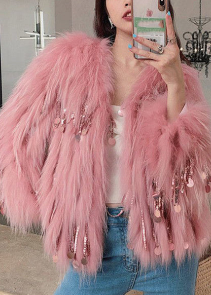 Novelty Pink Fox Collar Tassel Leather and Fur Coats Winter