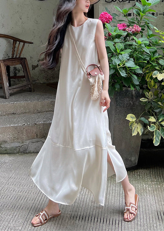 White O-neck Side Open Silk Long Dress Sleeveless