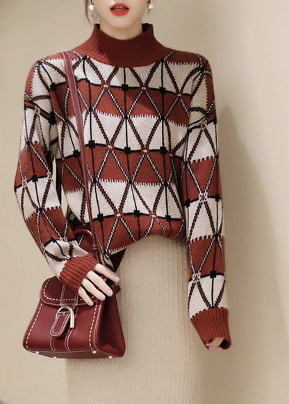 Turtleneck Plaid Patchwork Knit Sweater Long Sleeve