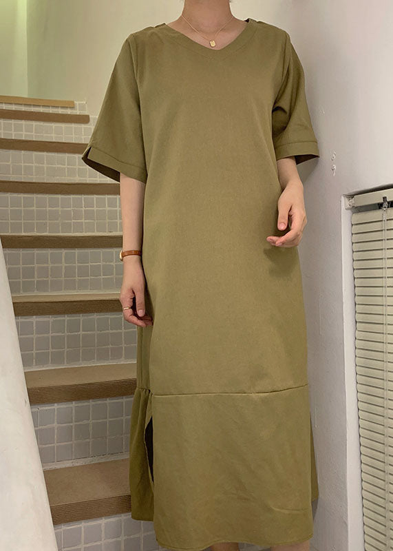 Green V Neck Patchwork Wrinkled Cotton Dress Short Sleeve