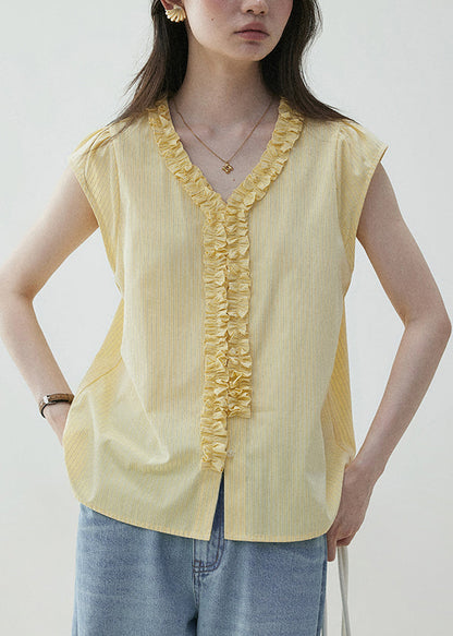 Yellow V Neck Ruffled Cotton Shirt Summer