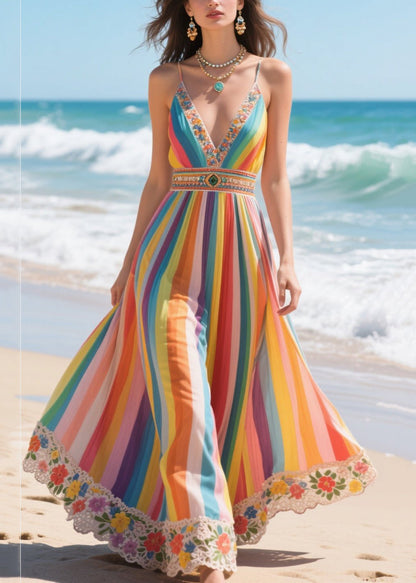Rainbow V Neck Striped Chiffon Spaghetti Strap Dress Summer