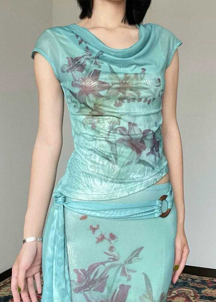 Slim Fit Green Print Tulle Top and Maxi Skirts Two Pieces Set Sleeveless Summer