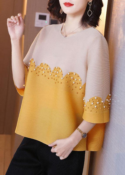 Organic Yellow Patchwork Nail Bead Shirt Top Short Sleeve
