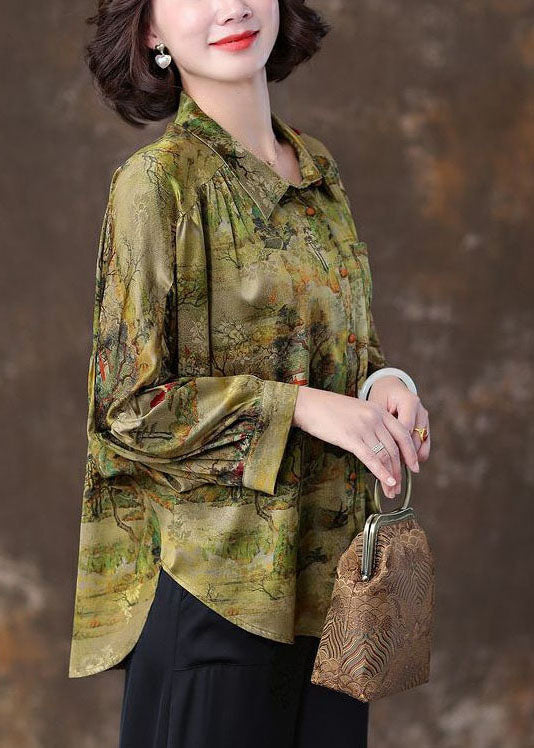 Green Peter Pan Collar Patchwork Print Silk Blouse Top Spring