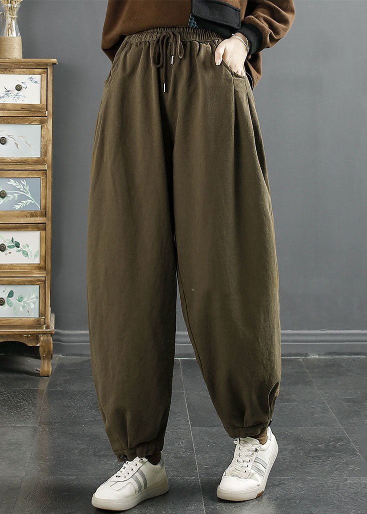 Green Elastic Waist Cotton Beam Pants Fall