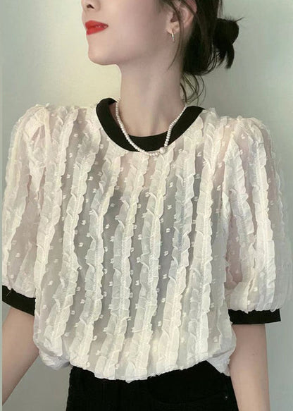 Apricot O-neck Ruffled Patchwork Chiffon Shirt Summer