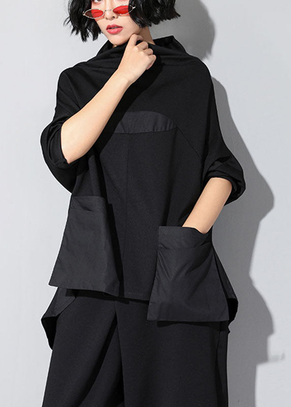 Black Turtleneck Patchwork Pockets Fall Top Long Sleeve