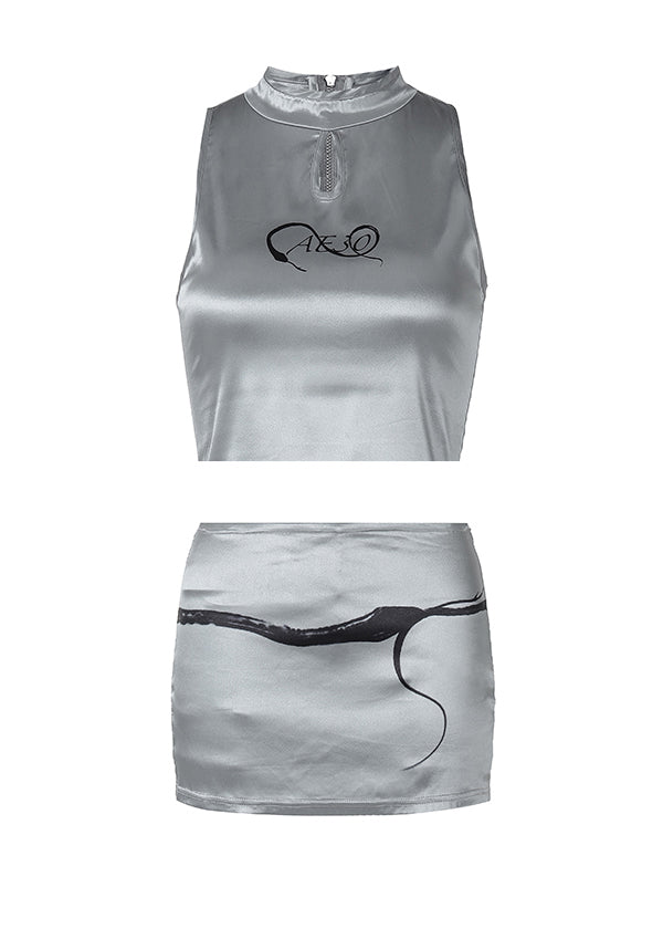 Silver O-neck Tank and Skirts Satin Two Pieces Set Summer