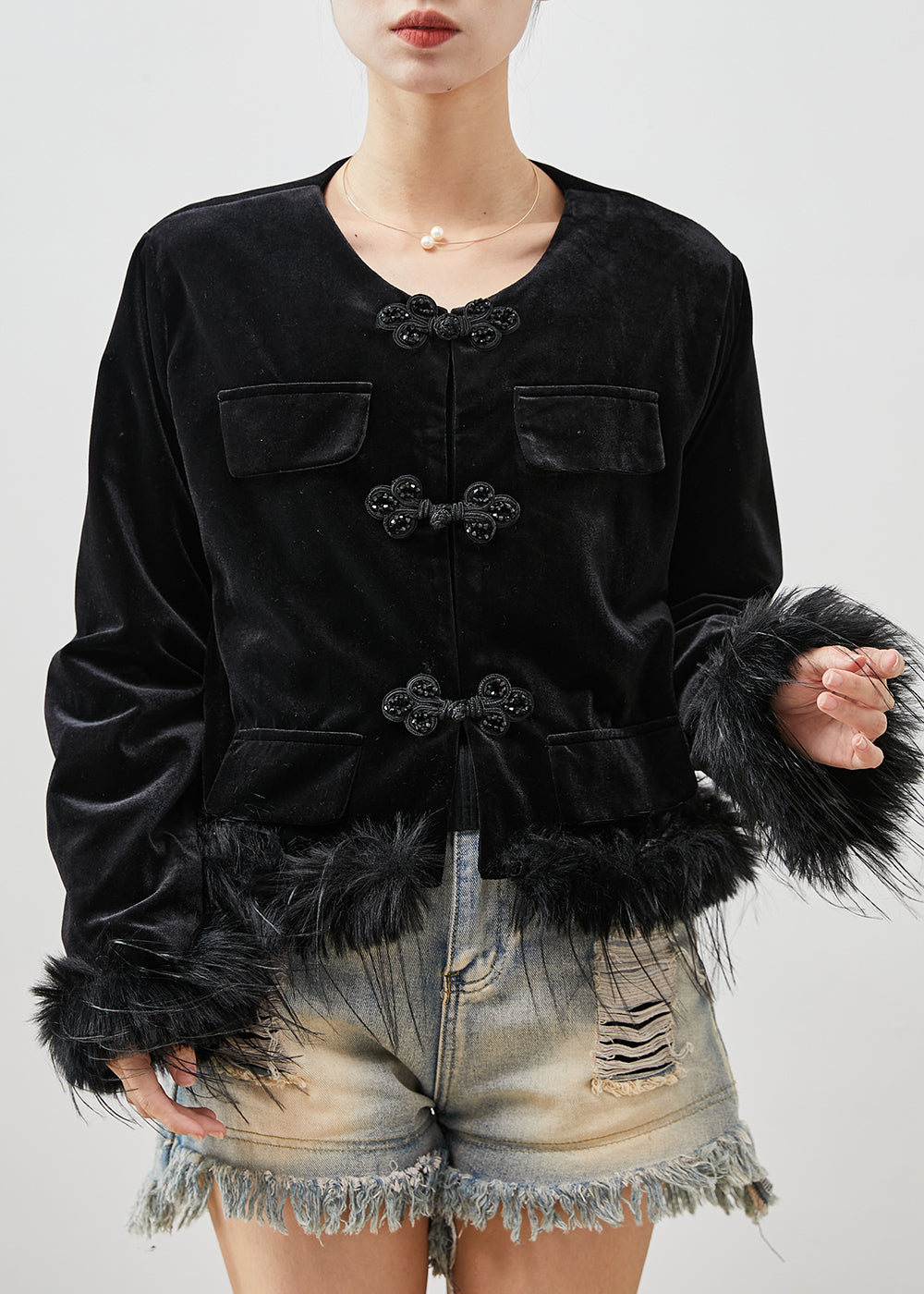 Black Chinese Button Patchwork Feather Silk Velour Jackets Spring