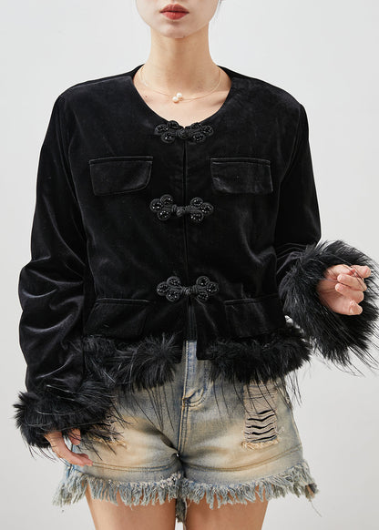 Black Chinese Button Patchwork Feather Silk Velour Jackets Spring