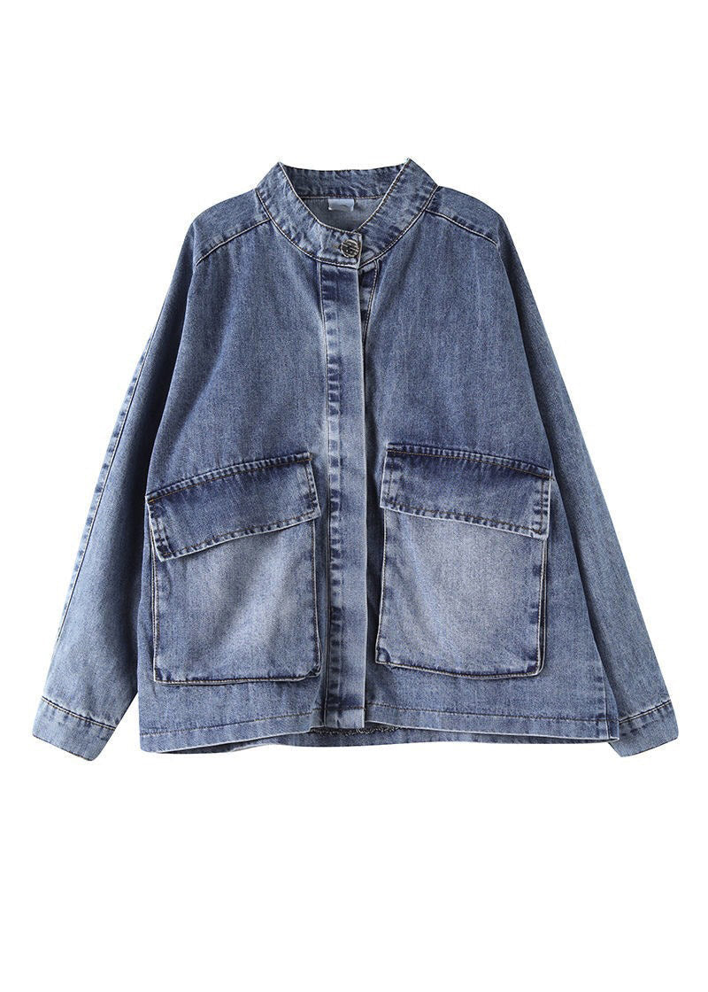 Blue Stand Collar Patchwork Button Denim Coats Long Sleeve