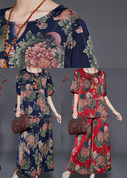Red Print Silk Two Pieces Set Oversized Summer