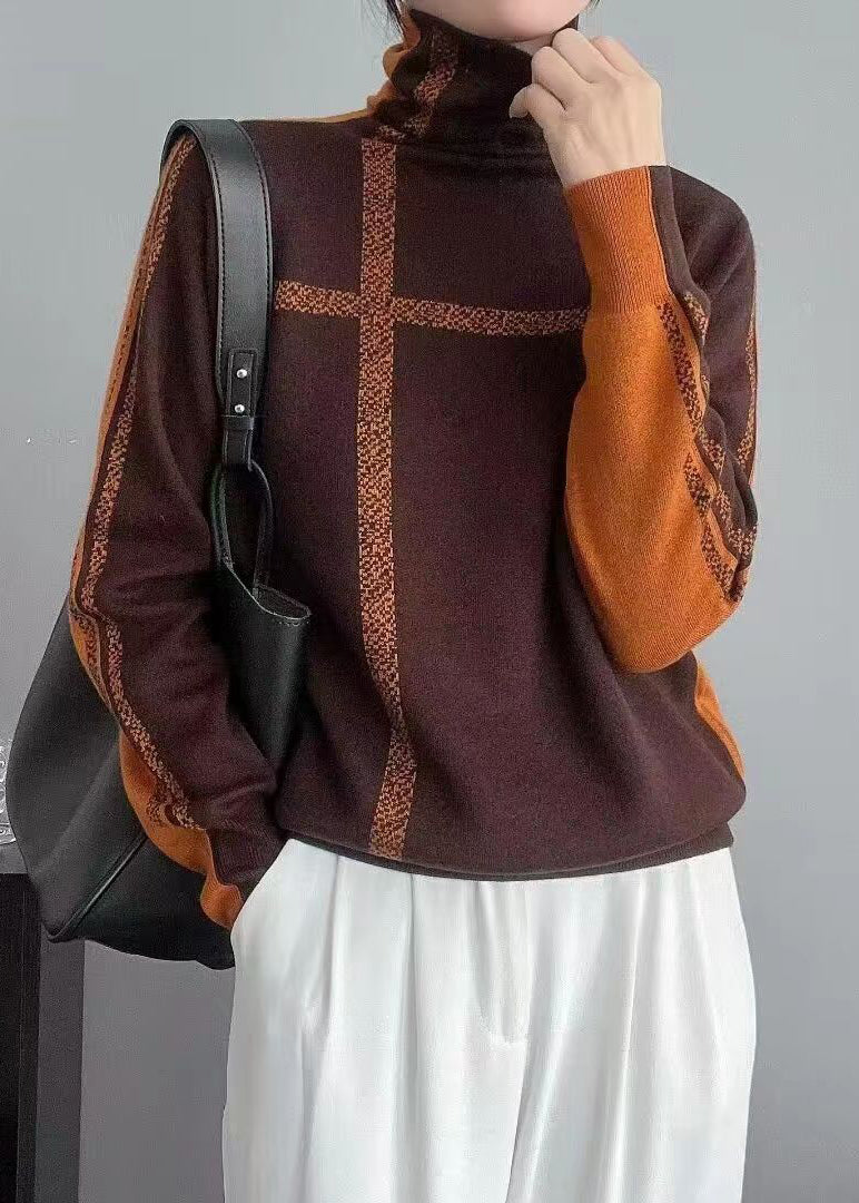 French Grey Turtleneck Patchwork Wear on Both Sides Knit Top Long Sleeve