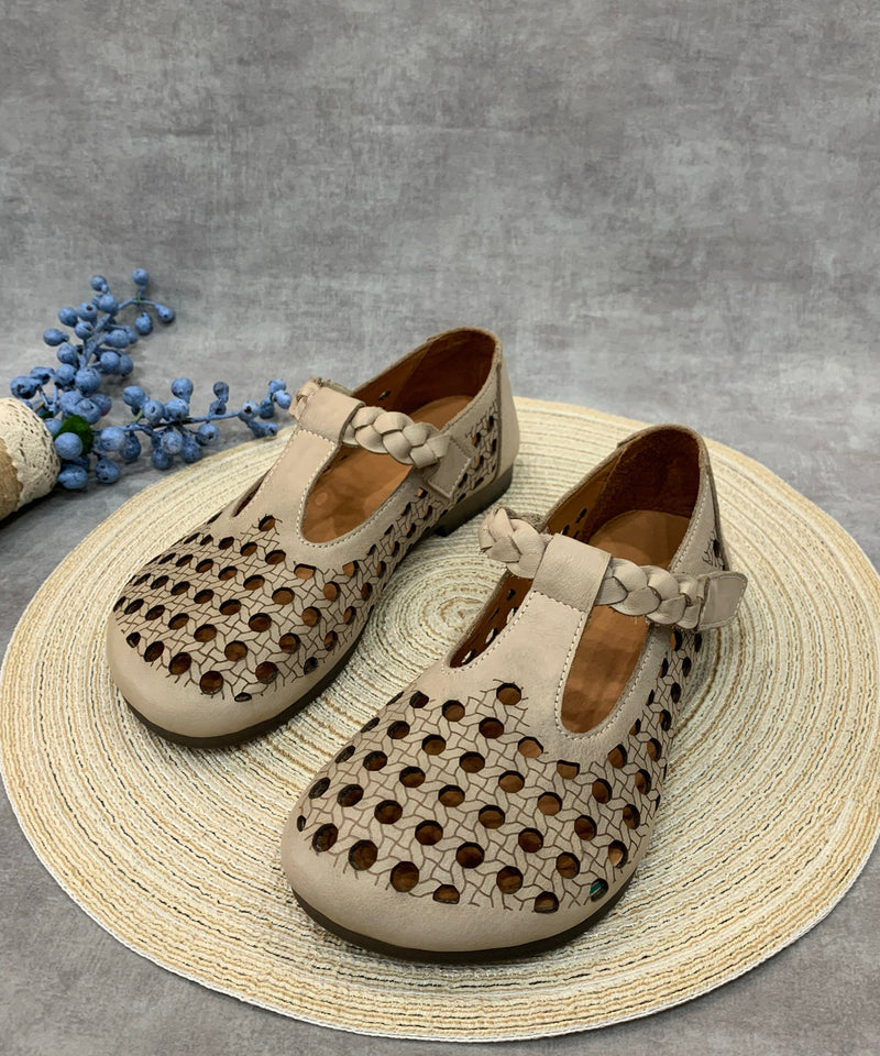 Comfy Caramel Flat Shoes Hollow Out Cowhide Leather