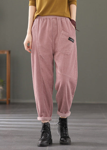 Pink Elastic Waist Pockets Patchwork Corduroy Harem Pants Spring