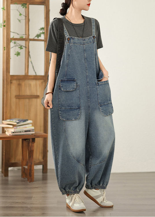 Blue Patchwork Denim Jumpsuit Pockets Spring