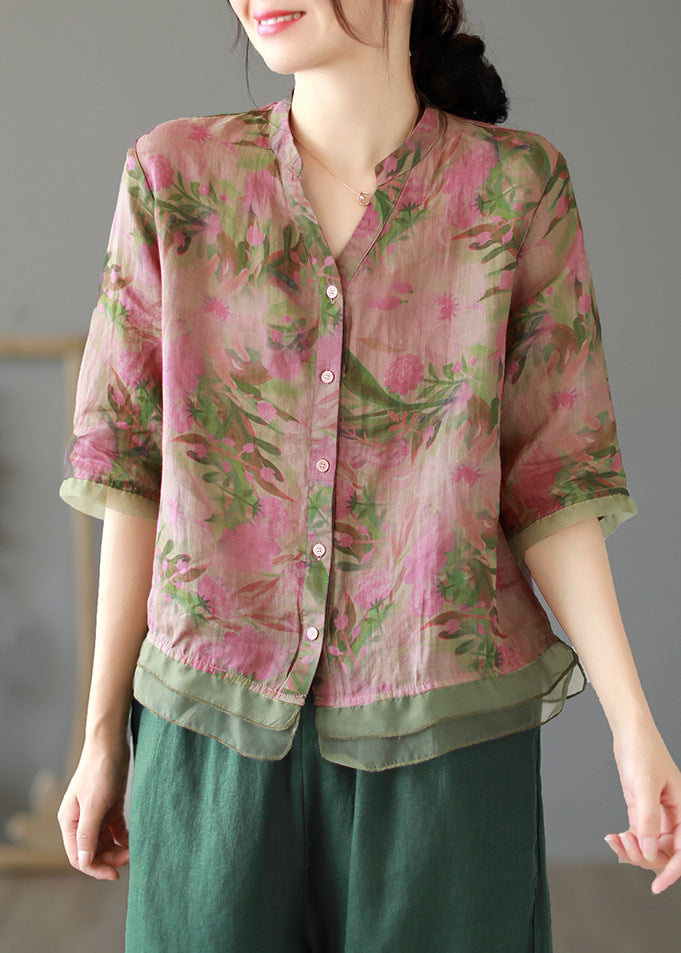 Lotus Root Pink Color Print Button Linen Shirt Summer