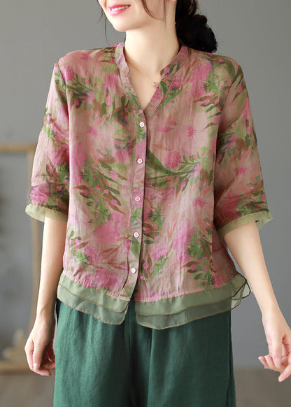 Lotus Root Pink Color Print Button Linen Shirt Summer