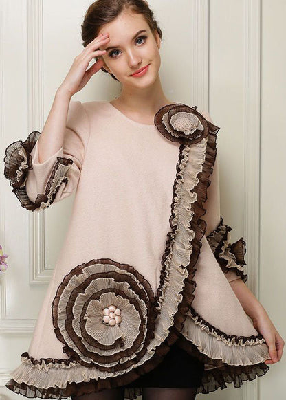 Apricot Patchwork Woolen Coats Ruffled Nail Bead Spring