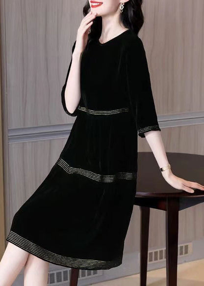 Black O-neck Patchwork Silk Velour Dresses Half Sleeve Fall