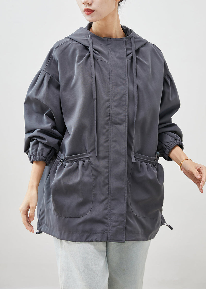 Grey Hooded Pockets Cotton Jackets Spring