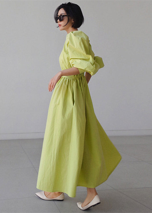 Green O-neck Button Pockets Wrinkled Cotton Long Dress Puff Sleeve