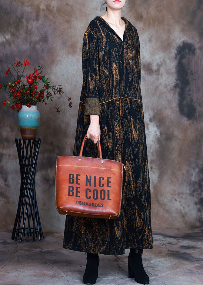 Chocolate Hooded Print Woolen Party Dress Spring