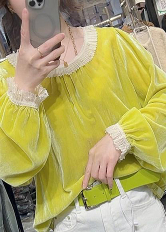 Yellow Ruffled Nail Bead Silk Velour Shirt Fall