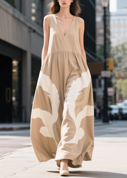 Khaki V Neck Print Cotton Ankle Dress Summer