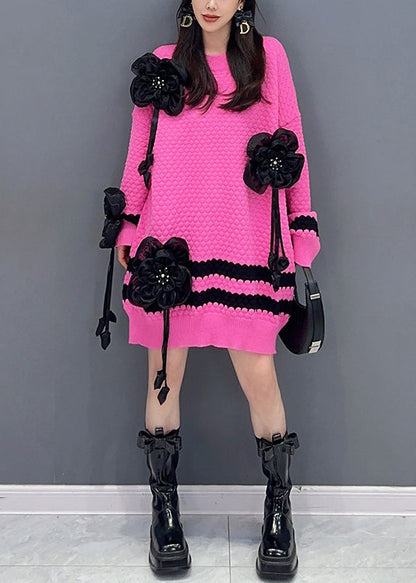 Rose O Neck Patchwork Cotton Knit Sweaters Long Sleeve