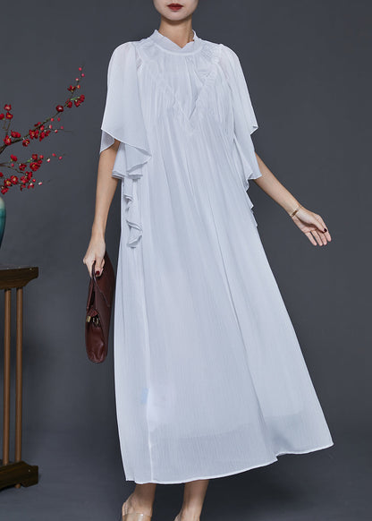 White Wrinkled Chiffon Long Dresses Butterfly Sleeve