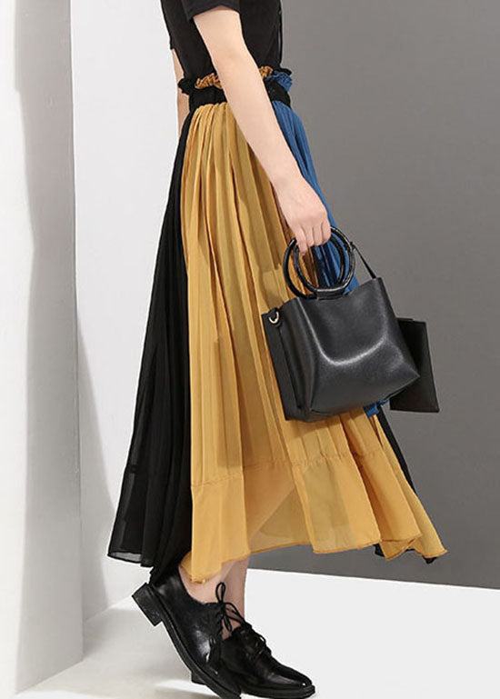 Colorblock Elastic Waist Patchwork Chiffon Pleated Skirt Spring