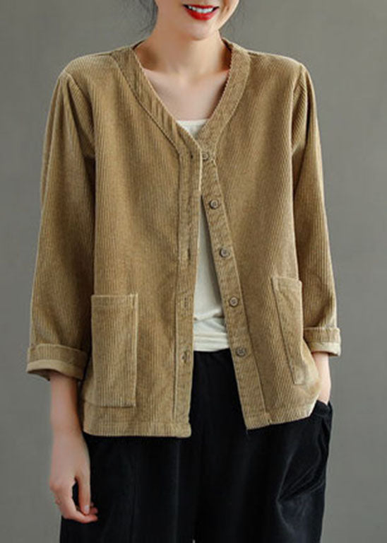 Khaki V Neck Pockets Button Corduroy Coats Long Sleeve