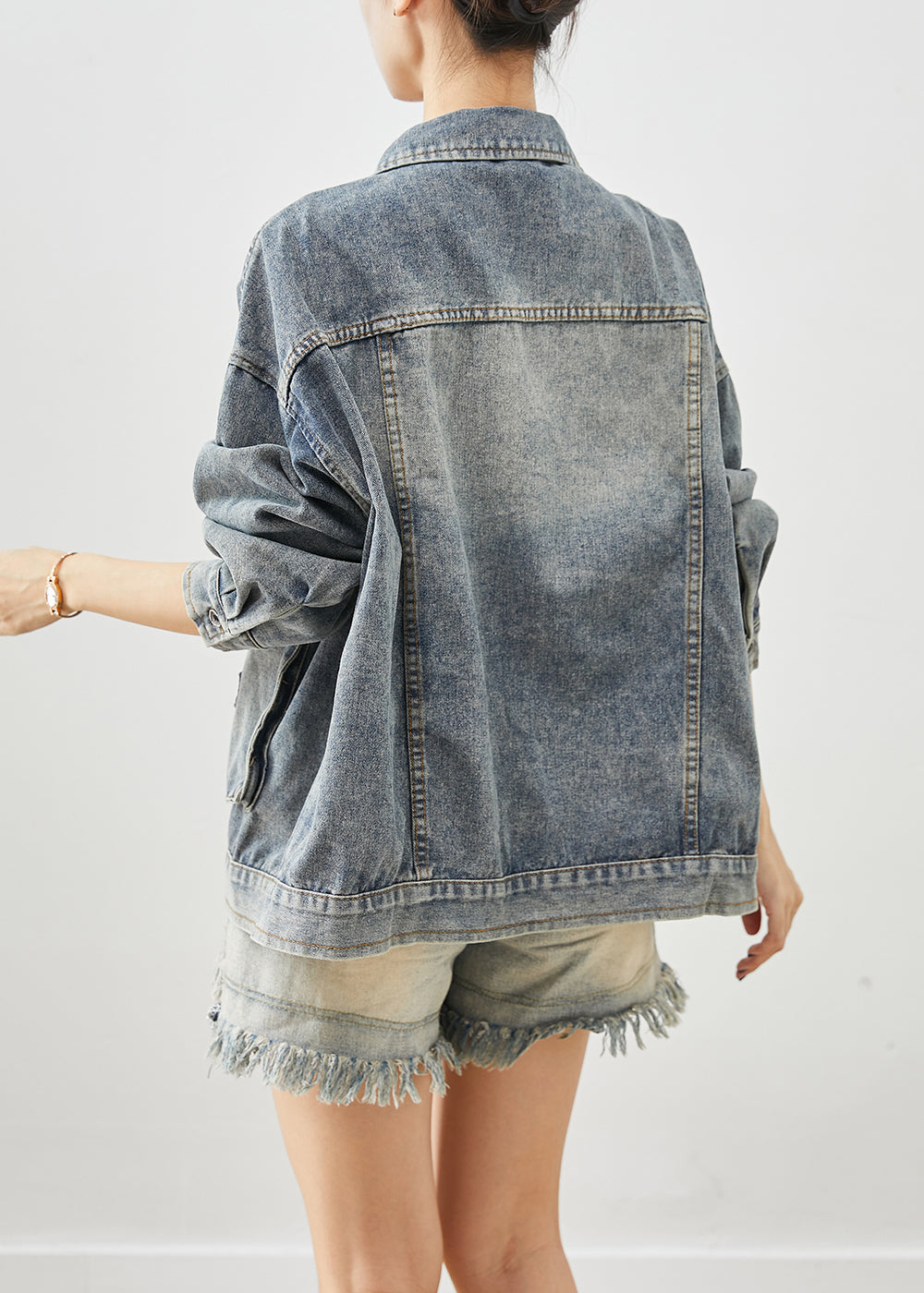Blue Oversized Pockets Applique Denim Coats Fall