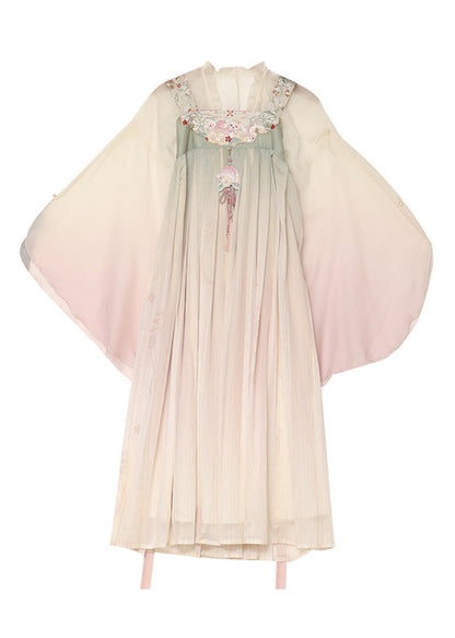 Gradient Color Ruffled Embroideried Lace Up Chiffon Two Pieces Set Fall