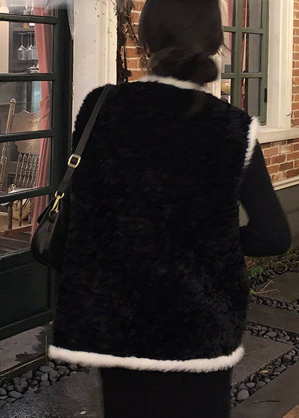 Fitted Black O-neck Pockets Patchwork Faux Fur Vest Sleeveless