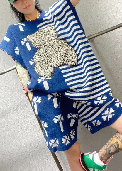 Stylish Blue O-neck Nail Bead Striped Fall Two Pieces Set