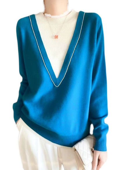 Red Nail Bead Patchwork Fake Two Pieces Wool Knit Sweater Long Sleeve