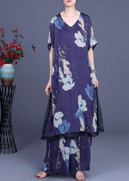 Diy Black Print Silk Side Open Wide Leg Two Pieces Set