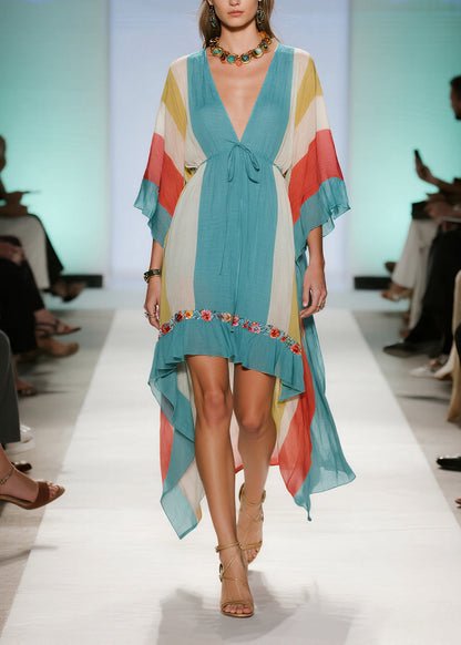 Blue Asymmetrical Striped Cotton Dresses Summer