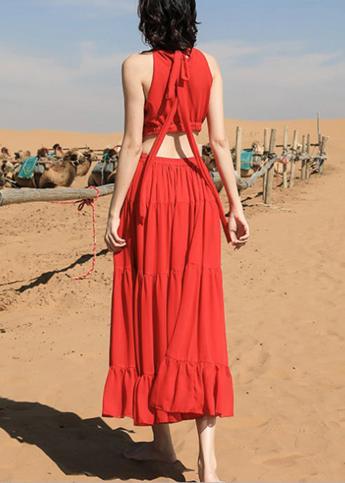 Red Embroidered Lace Up Chiffon Long Dress Sleeveless