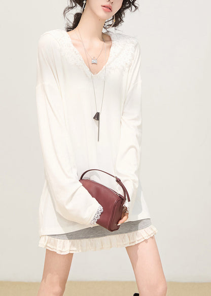White Hooded Patchwork Lace Cotton Pullover Sweatshirt Spring